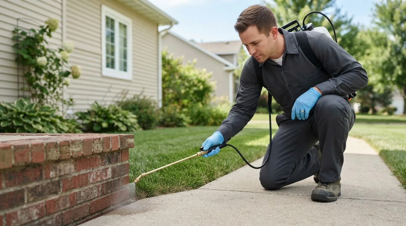 Pest control technician treating a home near Manvel, ND