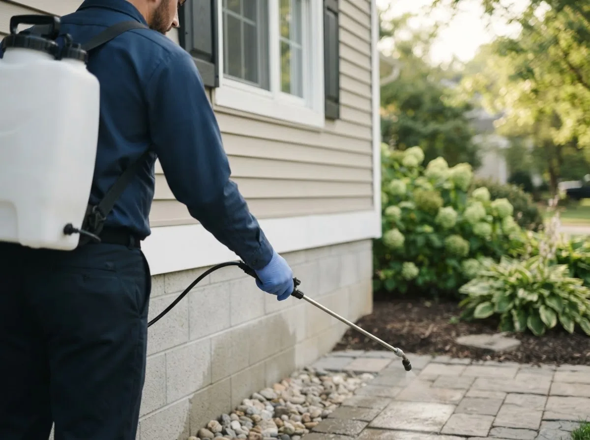 Pest control technician inspecting a home in Manvel, ND